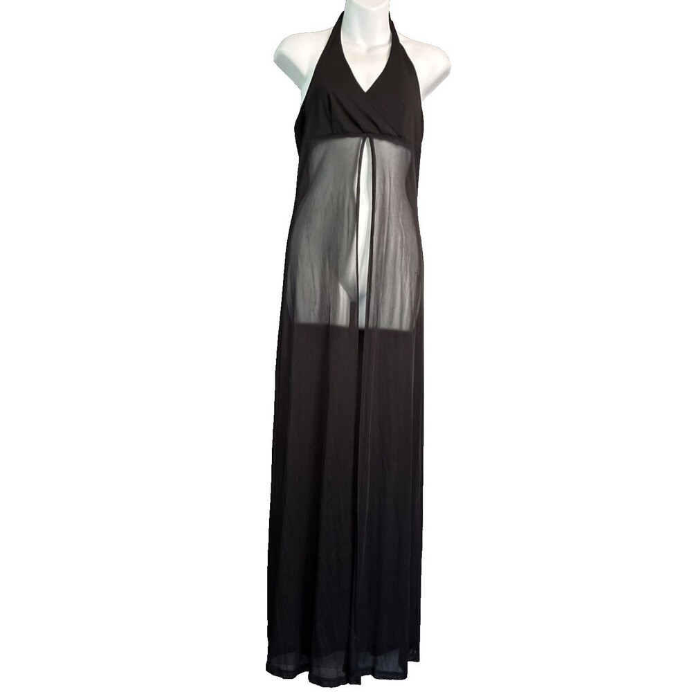 Long Black Sheer Halter Tie Neck Beach Cover Up Dress Small Front Slit Open Back